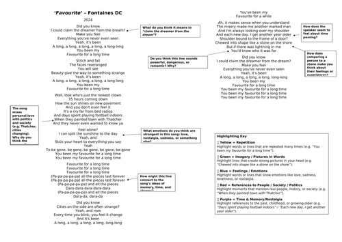 Fontaines DC - 'Favourite' - Poetry/Lyric Analysis Lesson and Poetry Homework Task