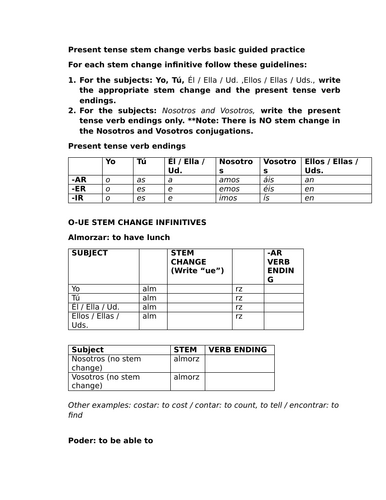 Present tense stem change verbs basic guided practice