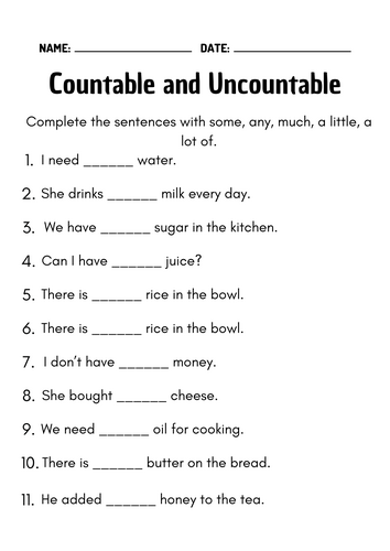Printable Countable and Uncountable Nouns Grammar Worksheets