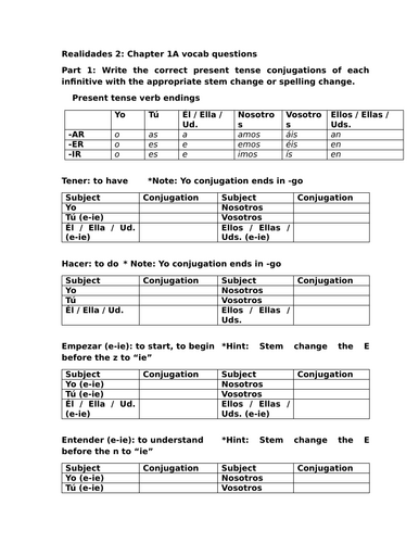 Realidades 2: Chapter 1A vocab questions