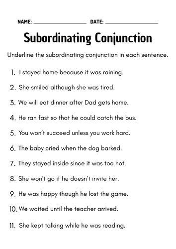 Subordinating Conjunctions Worksheets