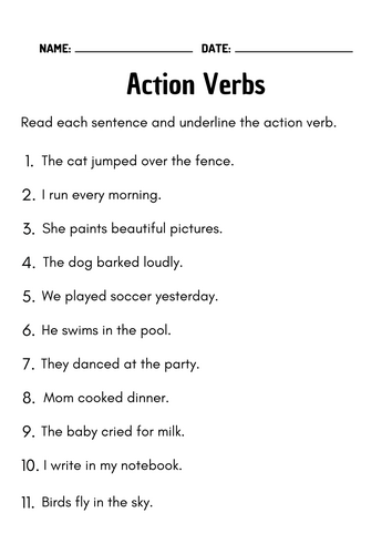 Printable Sentences Action Verbs Grammar Activity Worksheets