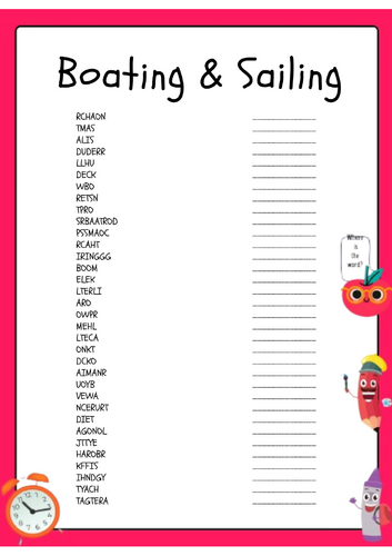Boating & Sailing Word Scramble Activity Puzzle Worksheet