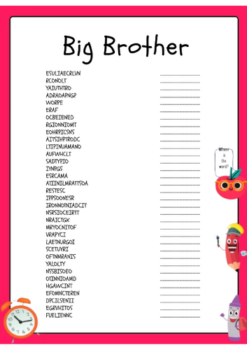 Big Brother Word Scramble Activity Puzzle Worksheet