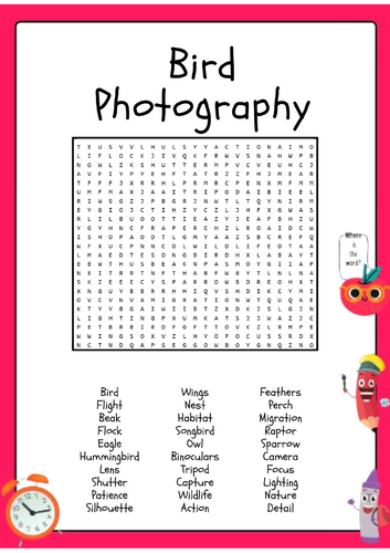 Bird Photography Word Search Activity Puzzle Worksheet
