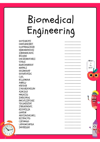 Biomedical Engineering Word Scramble Activity Puzzle Worksheet