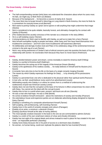A-Level English Literature: THE GREAT GATSBY CRITICAL QUOTE BANK