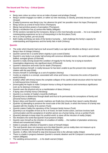 A-Level English Literature: THE SOUND AND THE FURY CRITICAL QUOTE BANK