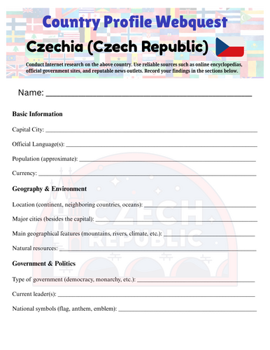 Country Profiles: Czechia (Czech Republic) Webquest Worksheet