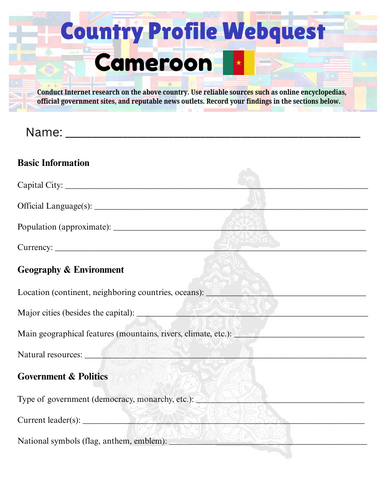 Country Profiles: Cameroon Webquest Worksheet