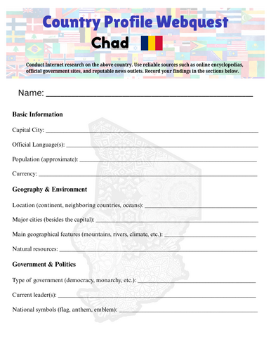Country Profiles: Chad Webquest Worksheet