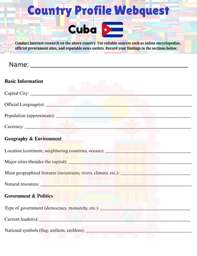 Country Profiles: Cuba Webquest Worksheet