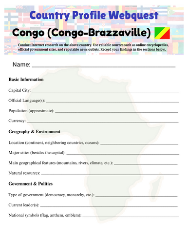 Country Profiles: Congo (Congo-Brazzaville) Webquest Worksheet
