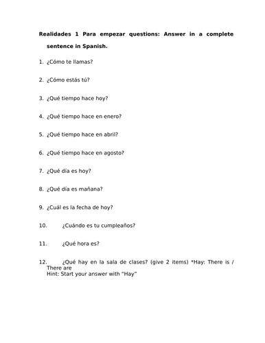 Realidades 1 Para empezar questions