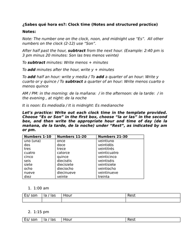 ¿Sabes qué hora es?: Clock time (Notes and structured practice)