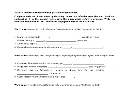 Spanish reciprocal reflexive verbs practice (Present tense)