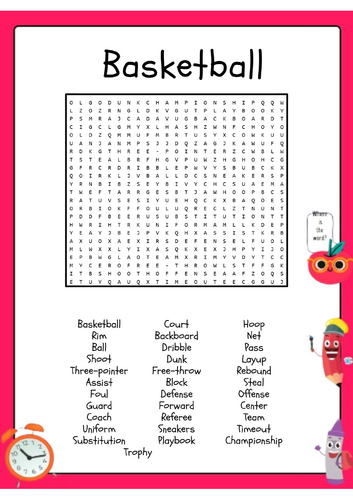 Basketball  Word Search Activity Puzzle Worksheet
