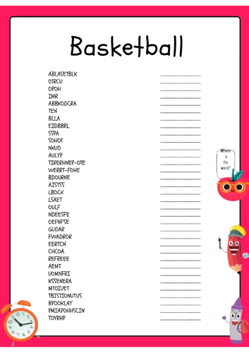 Basketball  Word Scramble Activity Puzzle Worksheet