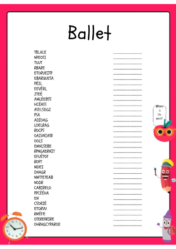 Ballet Word Scramble Activity Puzzle Worksheet