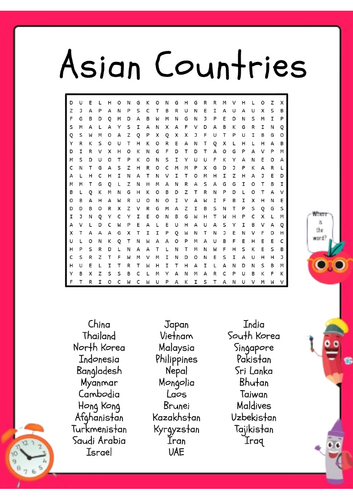 Asian Countries Word Search Activity Puzzle Worksheet