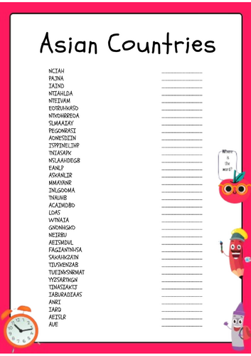 Asian Countries Word Scramble Activity Worksheet