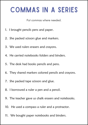 Commas in a Series Grammar Practice Worksheets - Punctuation Comma Usage