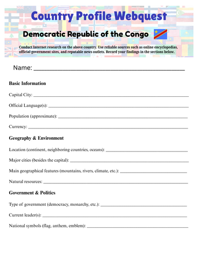Country Profiles: Democratic Republic of the Congo Webquest Worksheet