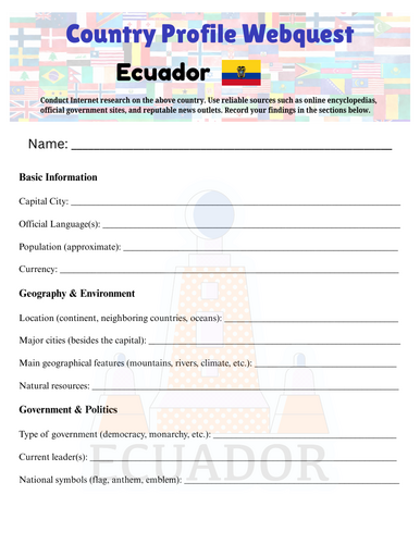 Country Profiles: Ecuador Webquest Worksheet