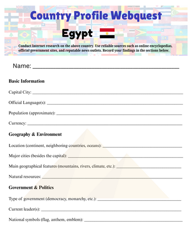 Country Profiles: Egypt Webquest Worksheet
