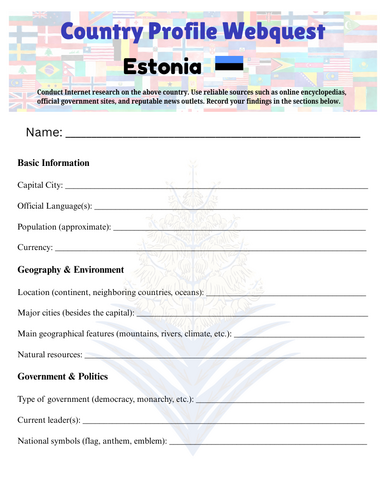 Country Profiles: Estonia Webquest Worksheet