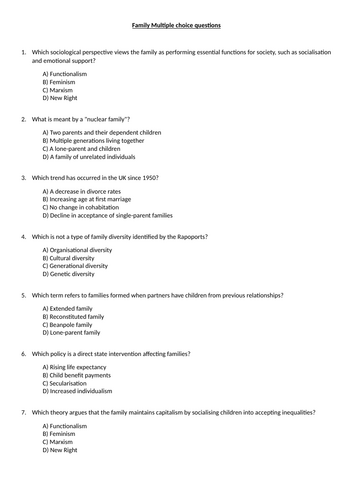 GCSE Family multiple choice questions