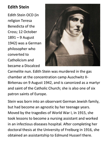 Edith Stein - Teresa Benedicta of the Cross Handout