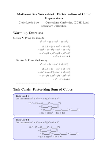 Mathematics Worksheet: Factorization of Cubic Expressions Grade Level: 9-10 Curriculum: Cambridge, I