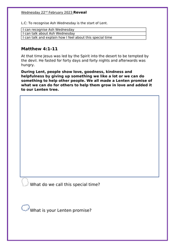 Ash Wednesday lesson EYFS