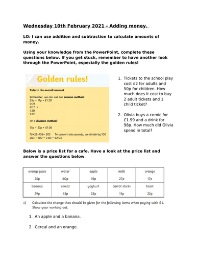 Differentiated adding money task