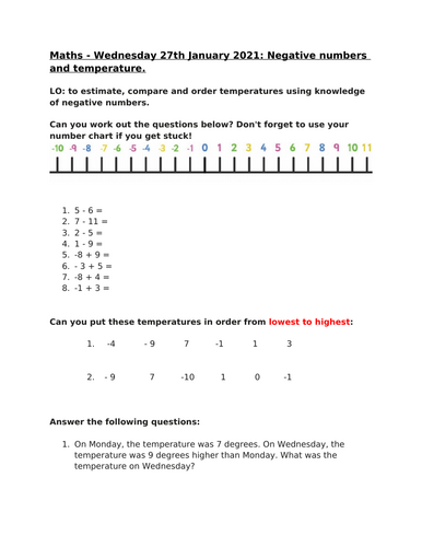 Negative numbers and temperature worksheet