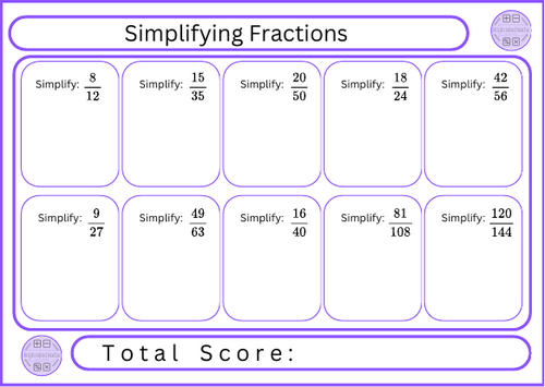 Simplifying Fractions - 10 Questions