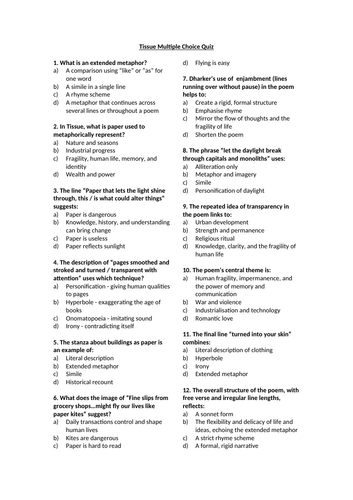 Tissue by Imtiaz Dharker Multiple Choice Quiz
