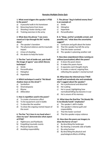 Remains by Simon Armitage Multiple Choice Quiz