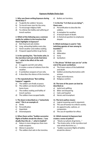 Exposure by Wilfred Owen Multiple Choice Quiz | Teaching Resources