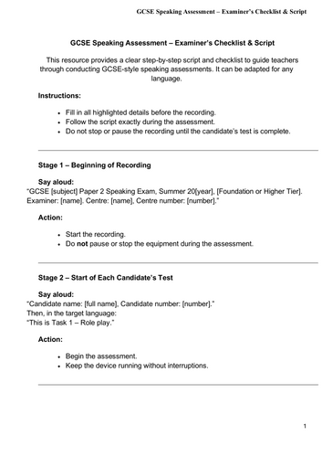 GCSE Speaking Assessment – Examiner’s Checklist and Script