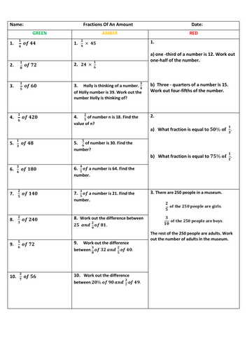 Fractions of an amount - differentiated worksheet with answers