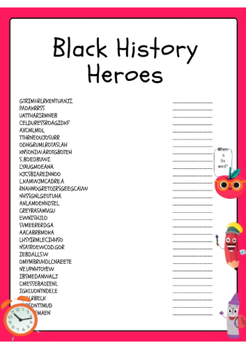 Black History Heroes Word Scramble Activity Worksheet