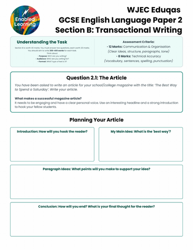 WJEC Eduqas GCSE English Language - Paper 2 Section B Practice