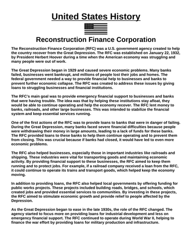 Reconstruction Finance Corporation “Article & Questions” Assignment