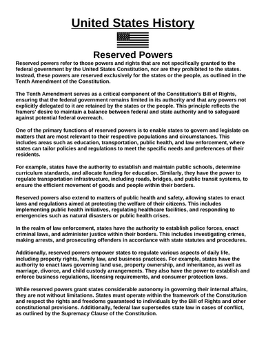 Reserved Powers “Article & Questions” Assignment