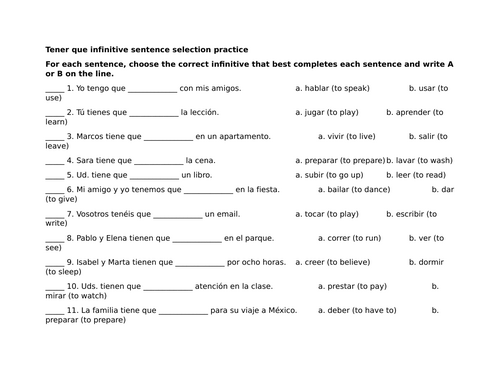 Tener que infinitive sentence selection practice