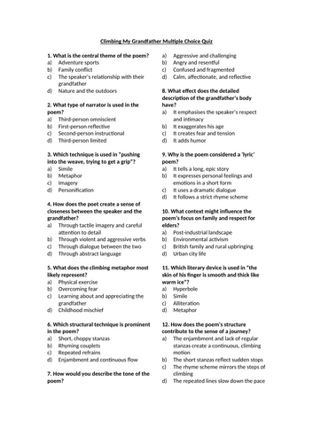 Climbing My Grandfather Multiple Choice Quiz