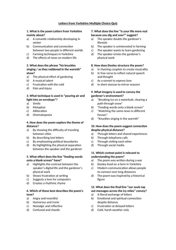 Letters from Yorkshire Multiple Choice Quiz