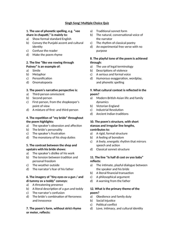 Singh Song! Multiple Choice Quiz